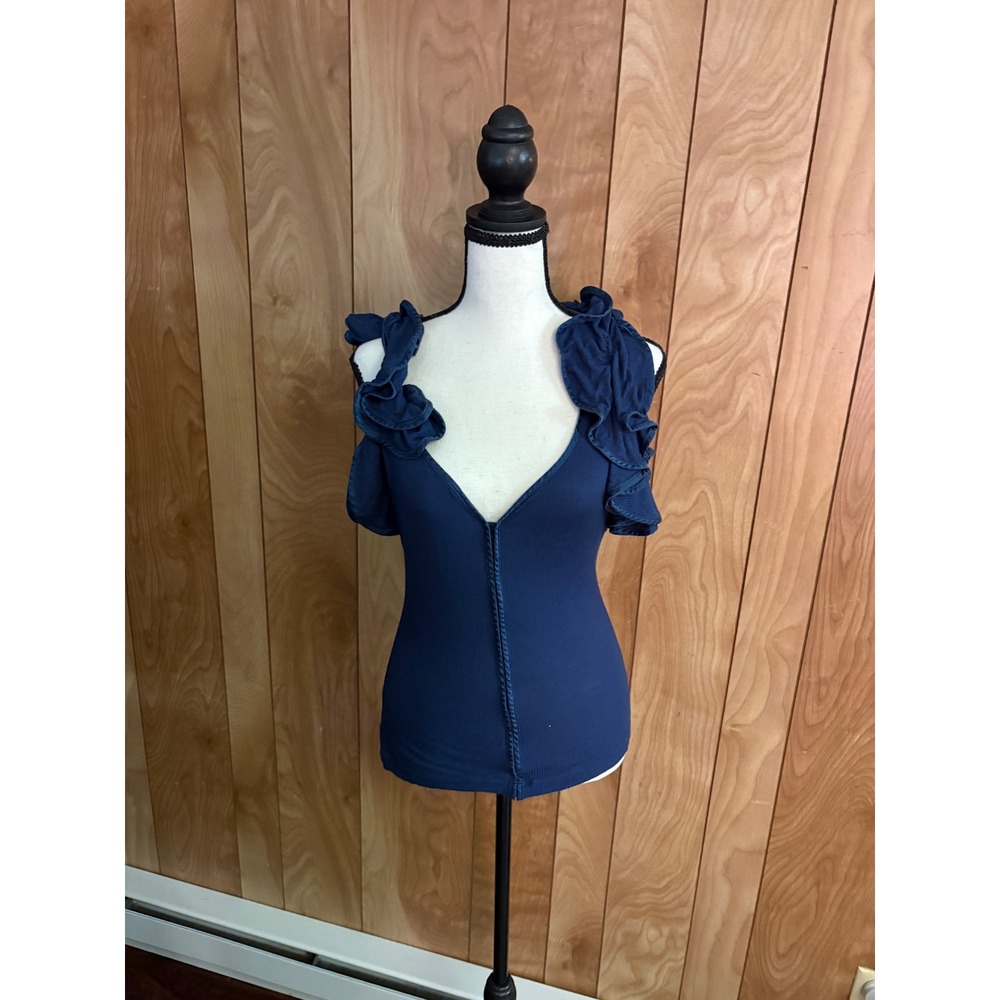 Robert Rodriguez Navy Blue Ruffle Ribbed Knit Racerback Top Small - Picture 1 of 7